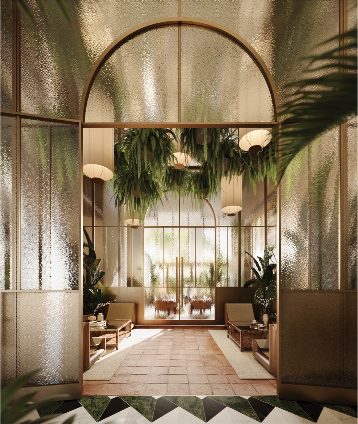 The Conservatory at THE WELL Coconut Grove — double-height glass overlooking the indoor-outdoor tea garden.