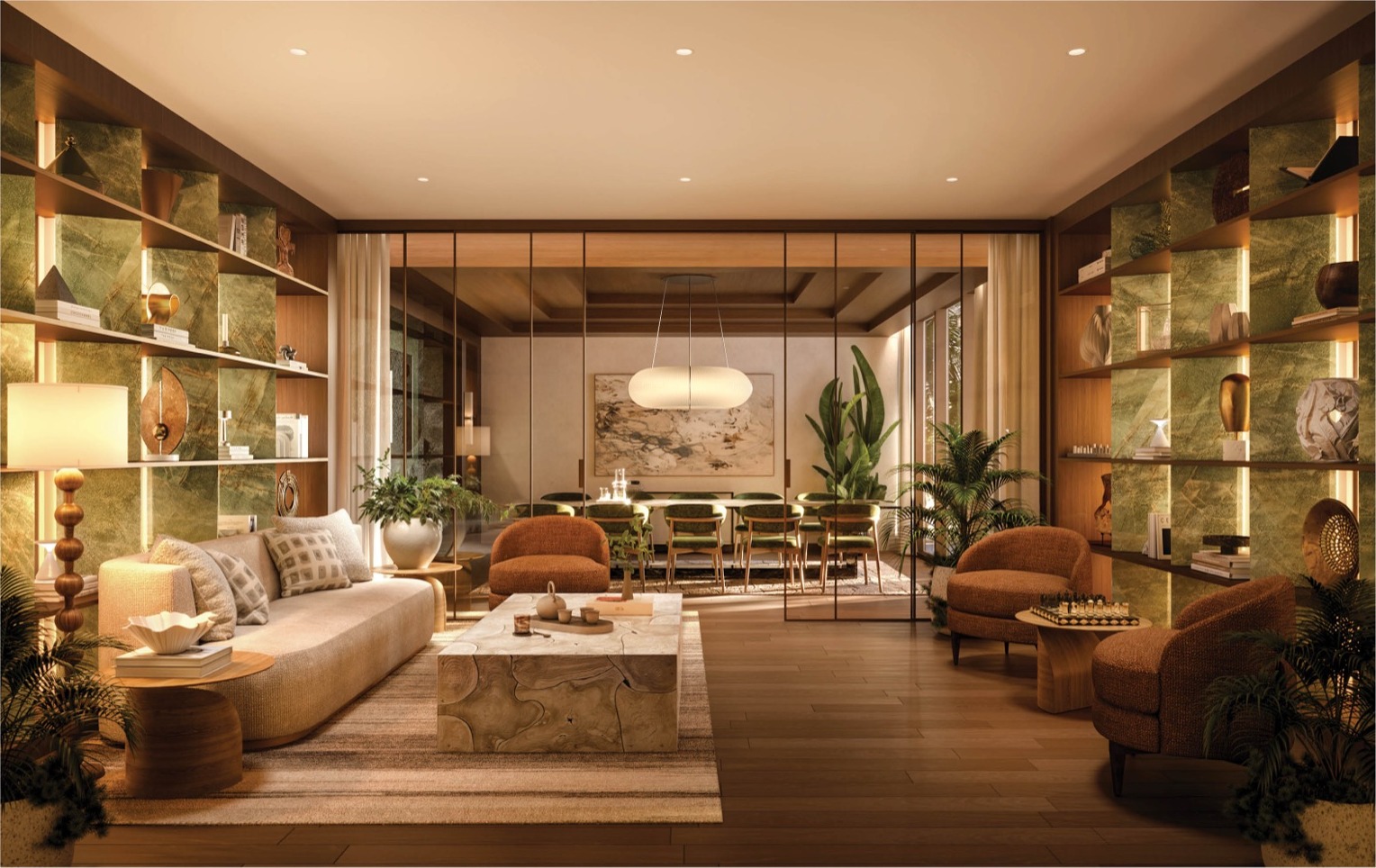 Lobby library at THE WELL Coconut Grove — quiet reading and gathering lounge for residents.