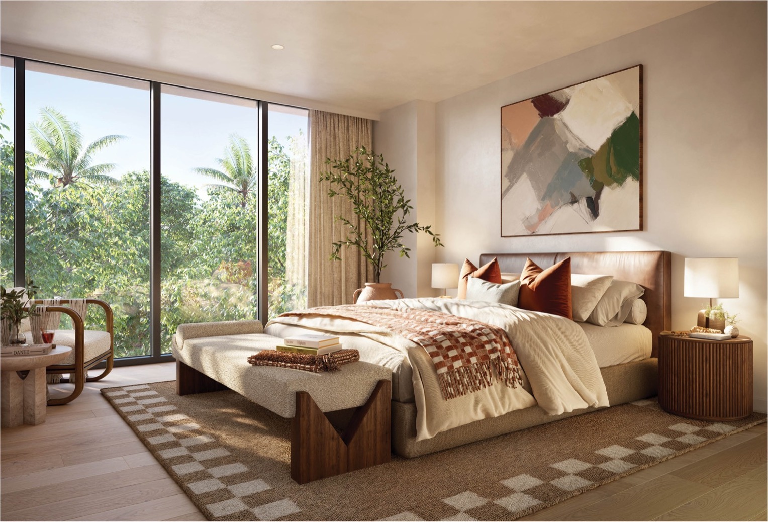 Loft primary bedroom at THE WELL Coconut Grove — neutral palette, natural light, restorative wellness materials.