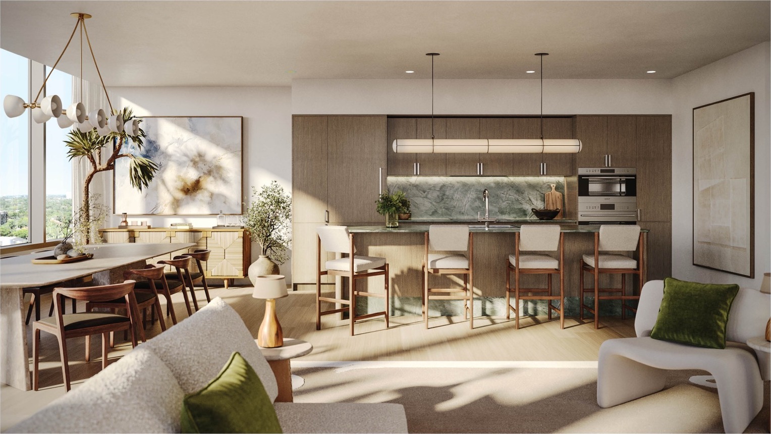 Penthouse kitchen at THE WELL Coconut Grove — Meyer Davis interiors, full Sub-Zero, Wolf and ASKO suite, Italkraft cabinetry.