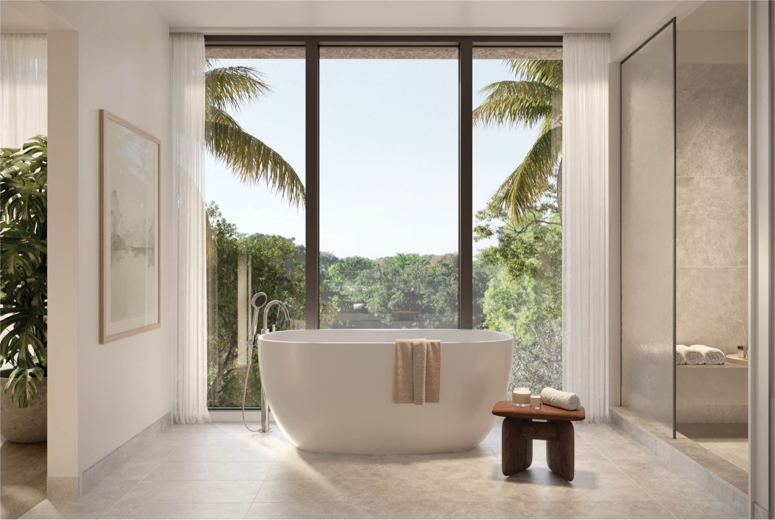 Primary bath at THE WELL Coconut Grove — Dornbracht rain shower with affusion component, natural stone floors and counters, Italkraft vanities, illuminated mirrors.