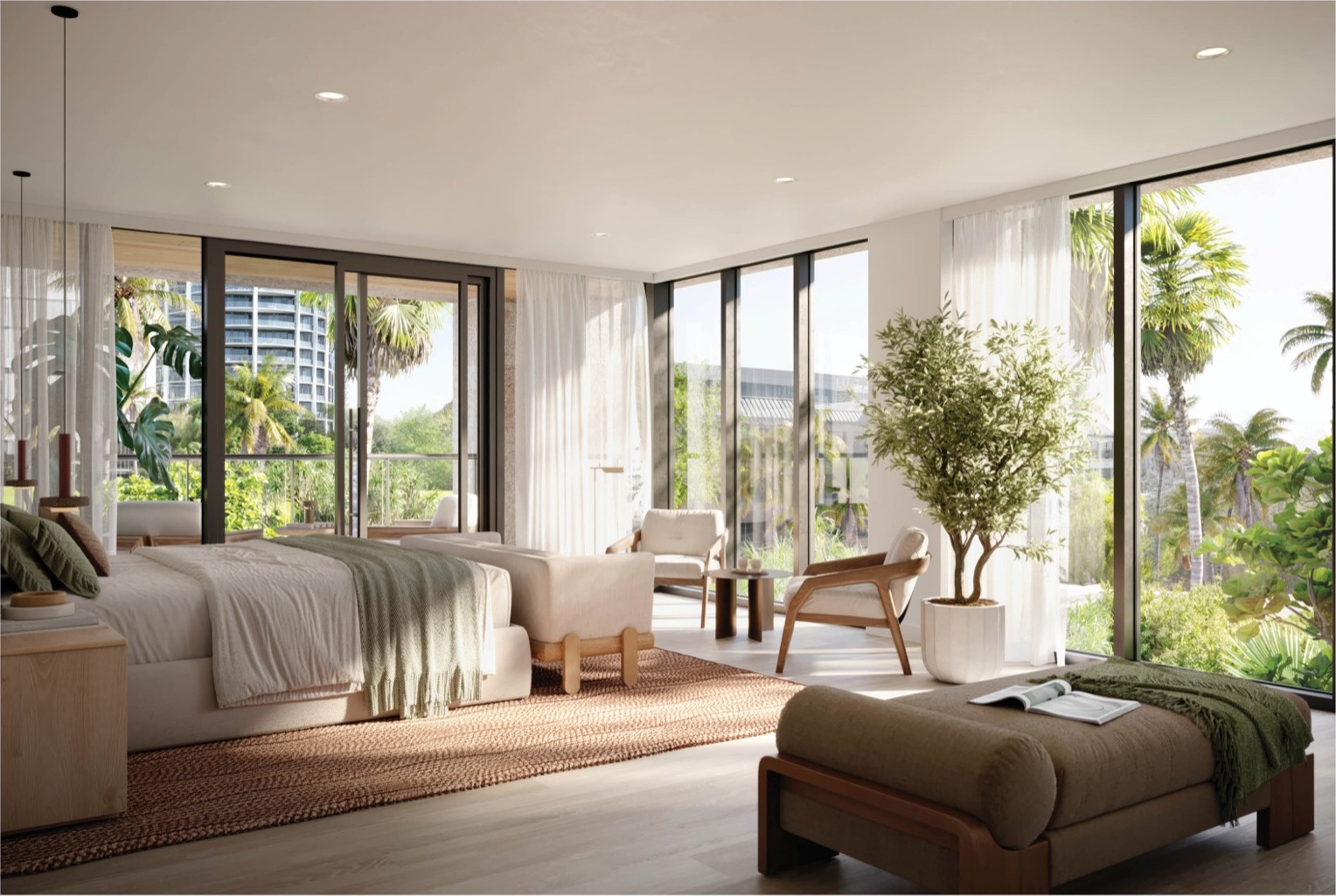 Primary suite at THE WELL Coconut Grove — walk-in closet with built-in red-light therapy, neutral palette, restorative materials.