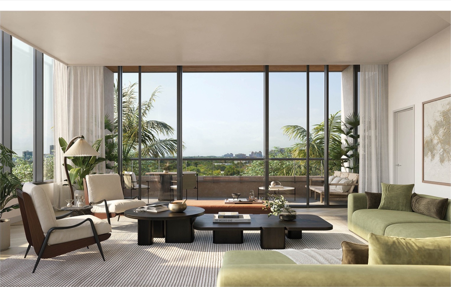 THE WELL Coconut Grove residence living room — light-filled layout, expansive glass, neutral engineered-wood floors.