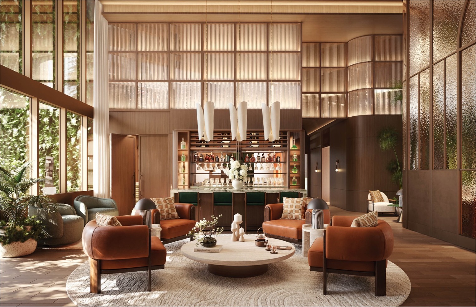 Resident lounge and bar at THE WELL Coconut Grove — community space programmed by THE WELL practitioners.