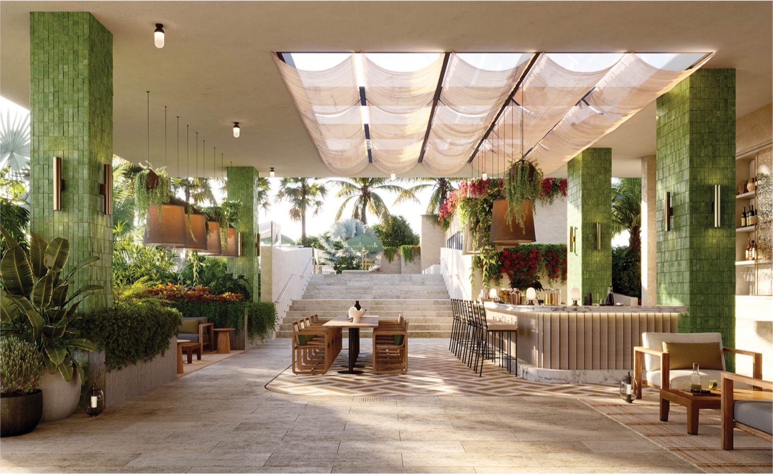 Rooftop bar and dining at THE WELL Coconut Grove — open-air evening lounge atop the building.