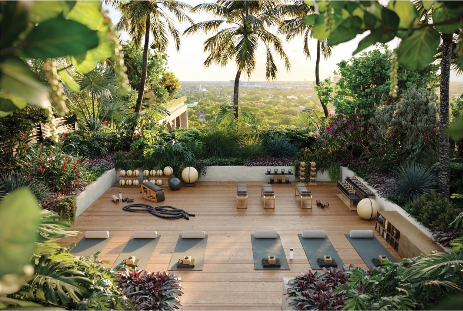 Rooftop fitness deck at THE WELL Coconut Grove — open-air mindful movement and Fitness Forest.