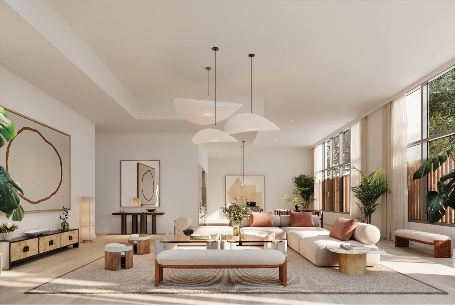 Townhome living-dining room at THE WELL Coconut Grove — open plan with double-height windows in ground-floor lofts.